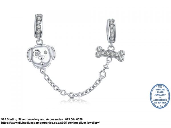 925 Sterling Silver Cubic Detail Love Dogs Bone & Dog Safety Chain. Pandora Compatible