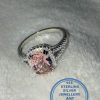 925 Sterling Silver Ring with Rectangular Pink Cubic Morganite and Clear Cubics