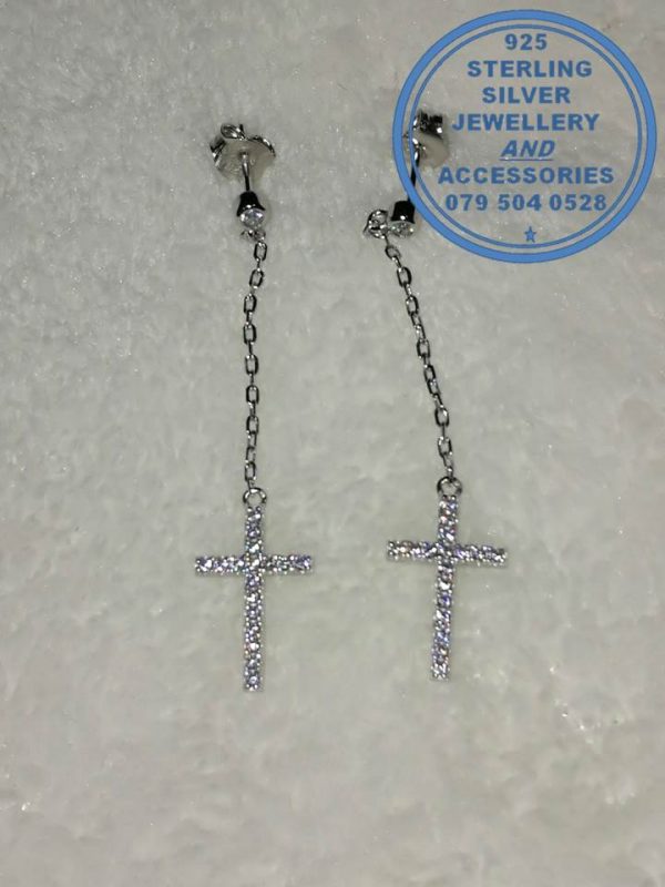 "925 Sterling Silver Earring dangle cross with cubic detail on chain"