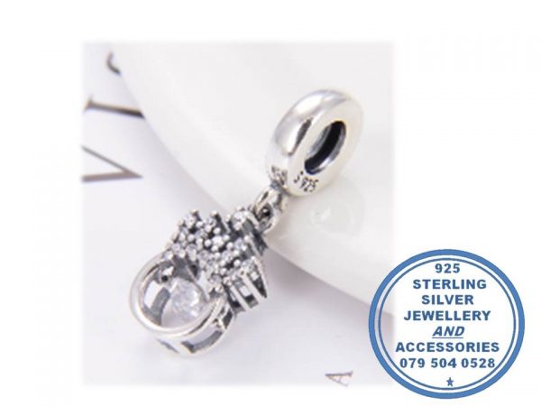 "925 Sterling Silver Dangle  Crown Ring  Charm with moving cubic center. Pandora Compatible"