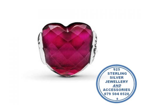 925 Sterling Silver Red Ruby Love Heart Charm. Pandora Compatible