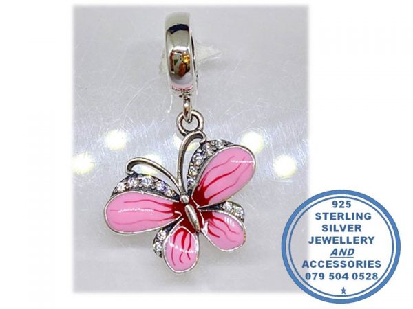 "925 Sterling Silver Stunning Pink Enamel and Cubic CZ Butterfly Dangle Charm. Pandora Compatible."