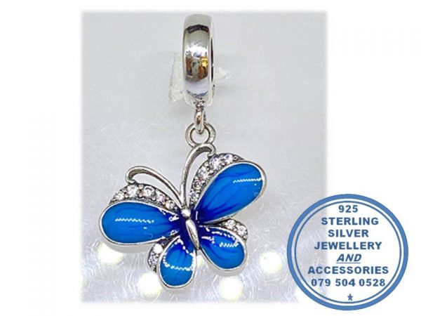 "925 Sterling Silver Stunning Blue Enamel and Cubic CZ Butterfly Dangle Charm. Pandora Compatible."
