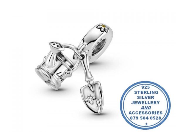 "925 Sterling Silver Dangle Watering Can And Trowel Charm. Pandora Compatible. Spring. Bloom. Flower Water Can."