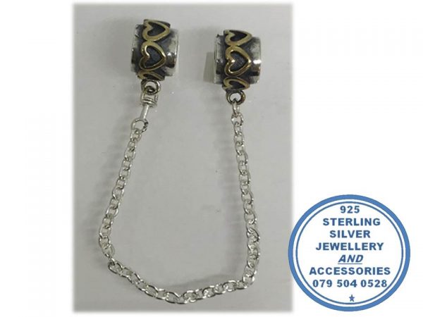 "925 Sterling Silver Safety Chain with Hearts. Pandora Compatible. "