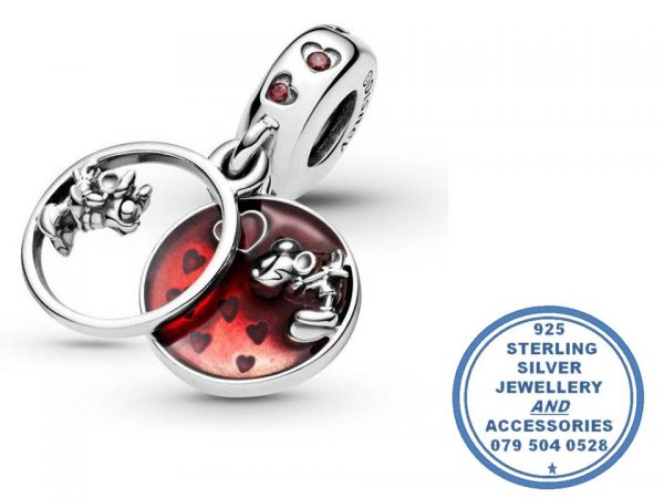 "925 Sterling Silver Minnie and Mickey Kiss Pandora Compatible Dangle Charm"