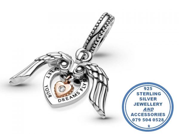"925 Sterling Silver Let Your Dreams Fly Pandora Compatible Dangle Charm. Angel Wings And Heart."