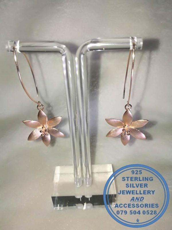 925 Sterling Silver Rose Gold Plated Double Hanging Big Flower Earrings. Hook in
