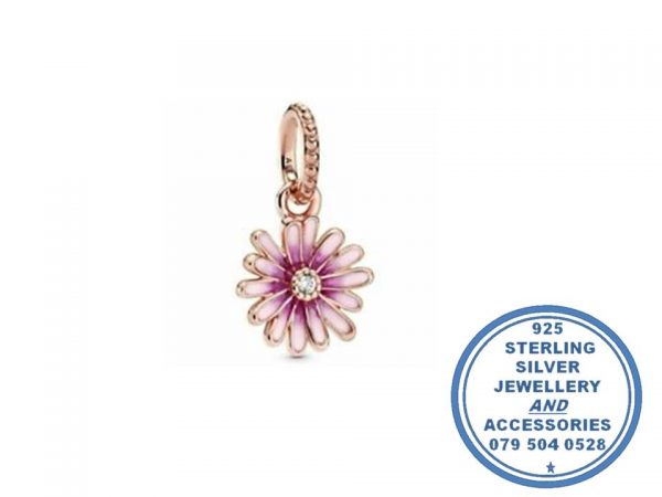 "925 Sterling Silver Rose Gold Plated Dangle PINK Enamel Daisy Pandora Compatible Dangle Charm"