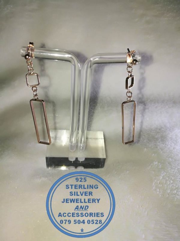 925 Sterling Silver Rose Gold Plated Rectangular Dangle Stud Earrings