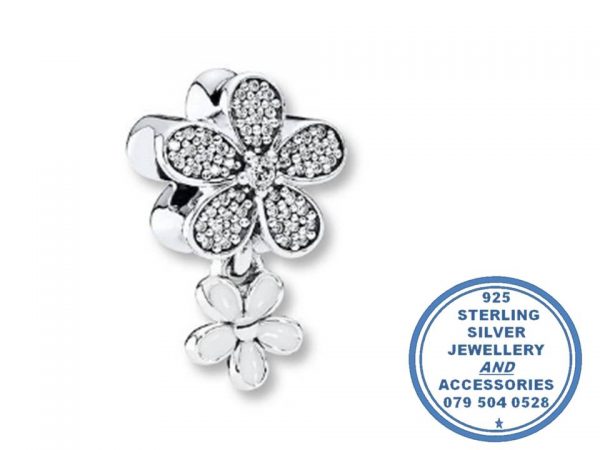 925 Sterling Silver Large Daisy Bead Charm with Dangle Daisy. Pandora Compatible
