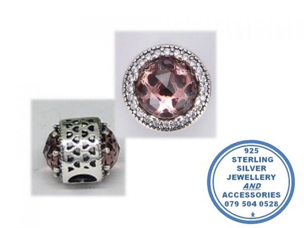 "925 Sterling Silver Large Round CZ Pink Cubic Heart Patterned Pandora Compatible Bead Charm Spacer Bead"