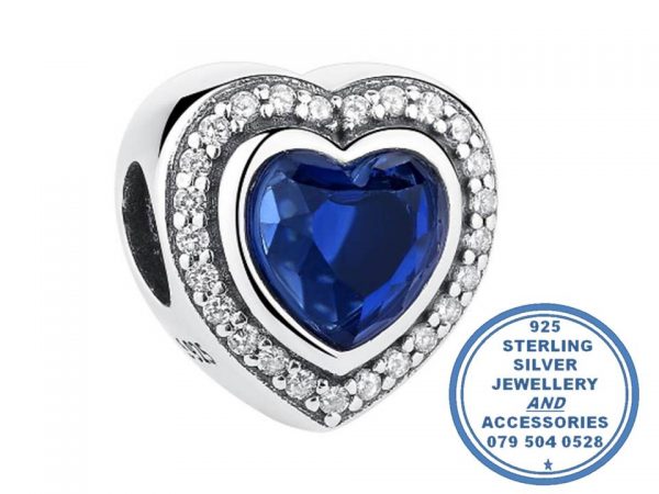 "925 Sterling Silver CZ Royal Blue  Cubic Heart Pandora Compatible Bead Charm"