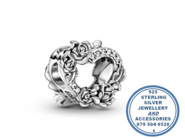 "925 Sterling Silver Open Heart wreath of Roses and Hearts Pandora Compatible Bead Charm"