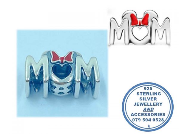 "925 Sterling Silver MOM charm with Red Enamel Bow. Pandora Compatible Charm Bead."