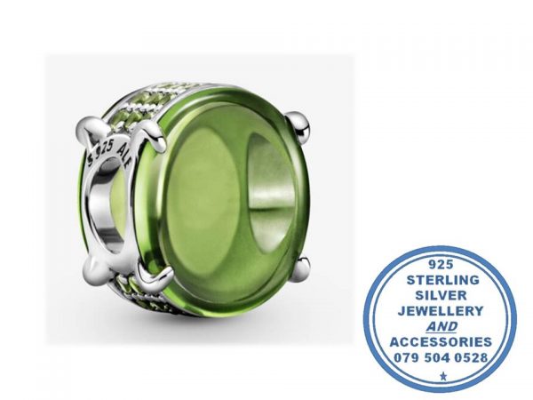 "925 Sterling Silver Green Oval Cabochon Pandora Compatible Bead Charm"