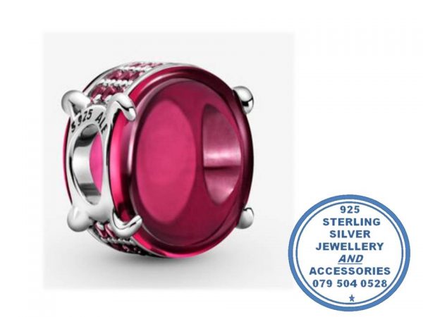 "925 Sterling Silver Red Oval Cabochon Pandora Compatible Bead Charm"
