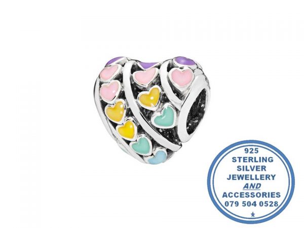 "925 Sterling Silver Rainbow of Hearts in Heart Charm. Pandora Compatible."