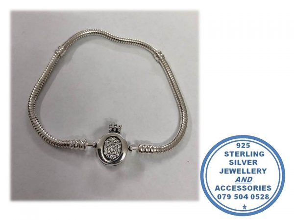 925 Sterling Silver Bracelet with Magestic O Crown CZ Cubic Large Clasp. Pandora Compatible