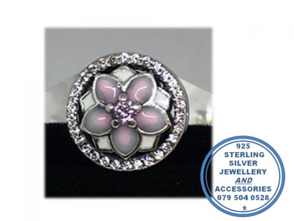 "925 Sterling Silver CZ Pink Enamel Magnolia Flower Pandora Compatible Bead Charm"