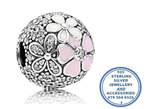 925 Sterling Silver CZ Daisy Silver Ball Pink and White Enamel Pandora Compatible CLIP