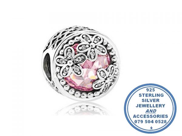 925 Sterling Silver Large Bead Charm. Pink CZ Cubic with flower detail on top. Pandora Compatible.