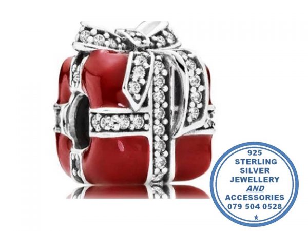 925 Sterling Silver Red Gift Box with CZ Cubic Ribbon detail Charm Bead. Pandora Compatible.