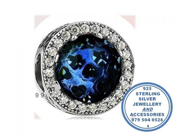 925 Sterling Silver Large Round Blue Charm Bead. Pandora Compatible