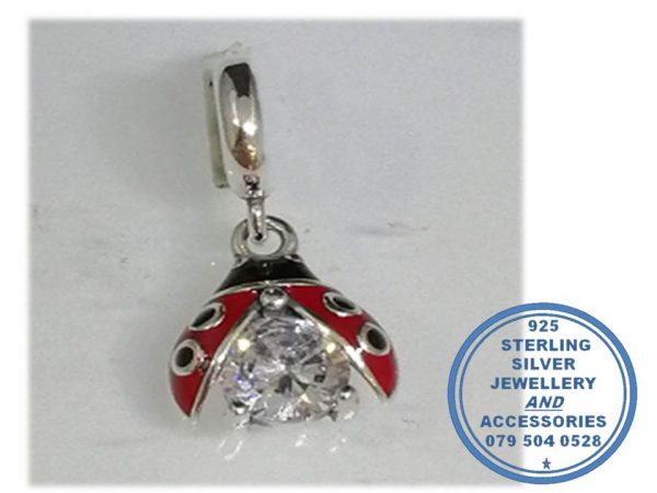 "925 Sterling Silver Ladybug and cubic Dangle Charm. Pandora Compatible."