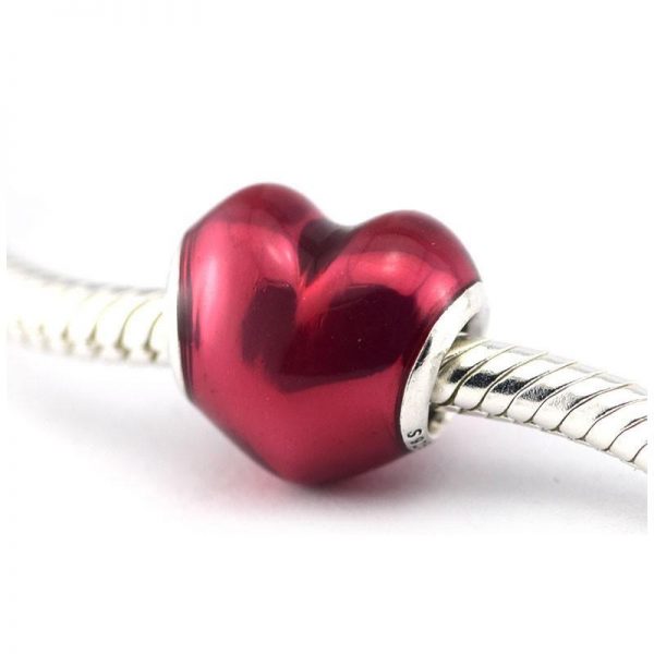 925 Sterling Silver Deep Red Enamel Heart Charm. Pandora Compatible.