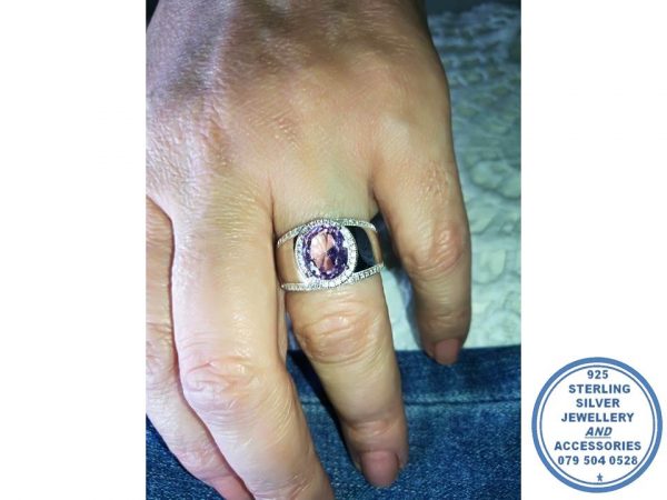 925 Sterling Silver Ring with Large Halo Pink Oval Ring and Solid Side