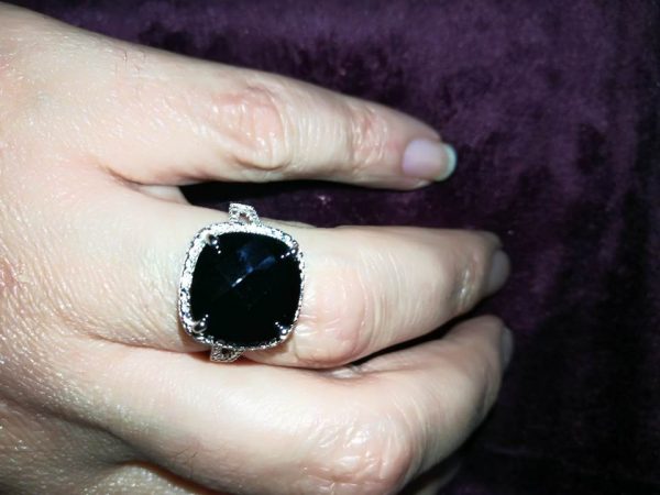 925 Sterling Silver Dramatic Large Black Cubic Center with Clear Cubics around for the Perfect Halo Ring