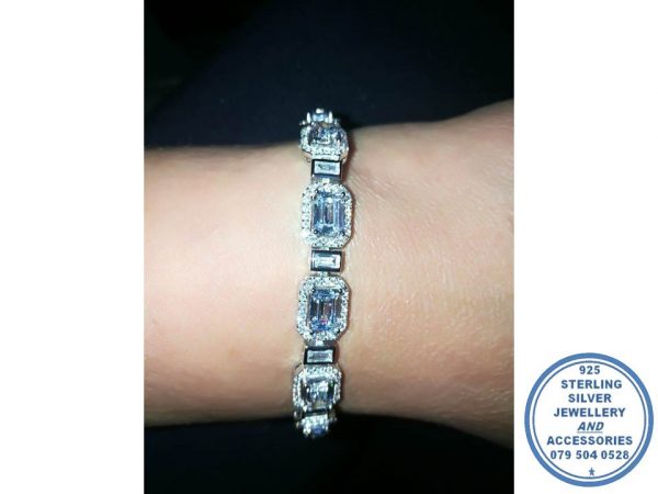 925 Sterling Silver Designers Statement Cubic Baguette Halo Tennis Bracelet Bridal Special Event or Just a Showstopper