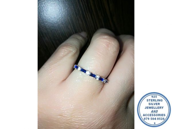 925 Sterling Silver Wedding Band | Stack Ring Clear Cubic round with Blue Baqueette