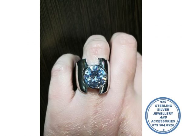 "Dramatic Large 925 Sterling Silver Statement Dress Ring with Large Cubic Round in Tention Tube"