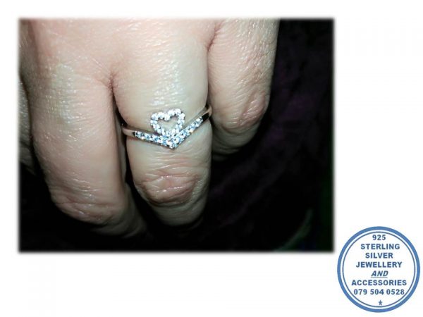 925 Sterling Silver Wishbone Love Cubic Heart and Cubic Wish Bone Ring