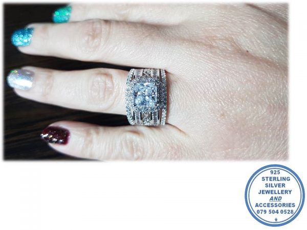 Dramatic Baquette Side Clear Halo Bands with large Sqaure Halo Cubic Designers Ring
