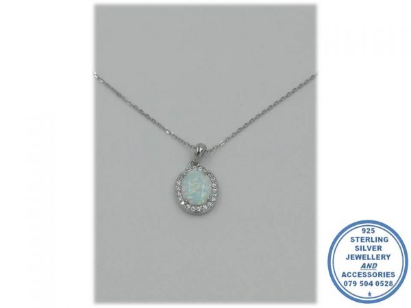925 sterling Silver Whote Halo Cubic Opal Designers Pendant with 42cm chain Necklace