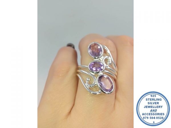 925 Sterling Silver Statement Designers Ring Filigree Twirls with Amythist