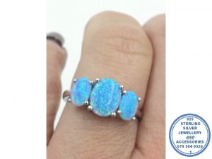 925 Sterling Silver 3 Blue Opal Ring 18mm Inside Diameter Man-made