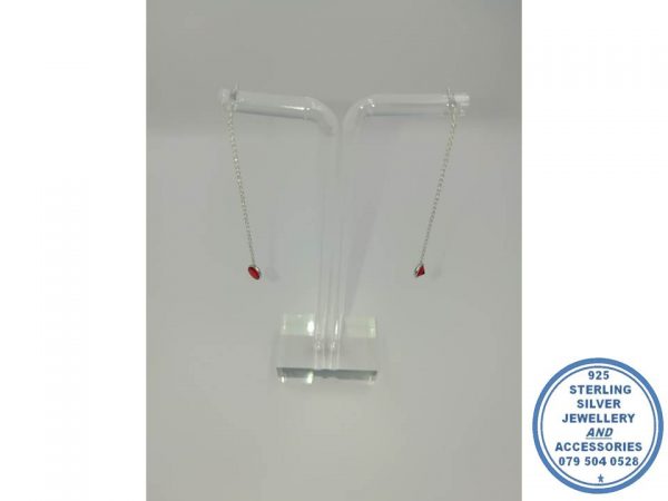 925 Sterling Silver Red Cubic Dangle Treader Chain Earring