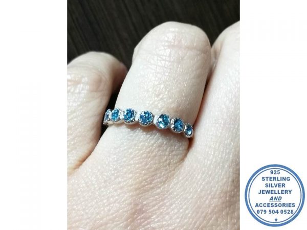 925 Sterling Silver Designers Wedding Band Stack Ring with Blue Cubic Rounds on top