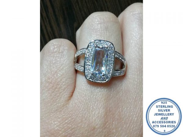 925 Sterling Silver Statement CLEAR Ring with Large Rectangular Cubic Halo with illusion of 2 cubic open bands on sides becoming one smooth below.