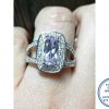 925 Sterling Silver Statement PINK Ring with Large Rectangular Cubic Halo with illusion of 2 cubic open bands on sides becoming one smooth below.