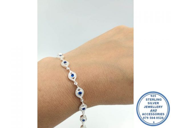 925 Sterling Silver Designer's Royal Blue and clear Cubic Detail Bracelet 19cm