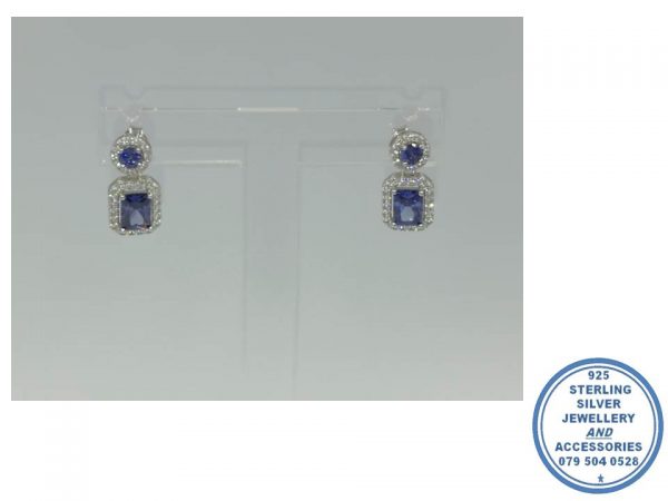 925 Sterling Silver Royal Blue Cubic Round And Rectangular Halo Earring Dangle Stud