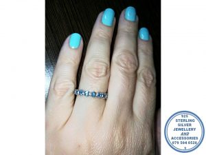 925 Sterling Silver Aqua Wedding Band Stack Ring Aqua Blue Cubics Round Top Ring