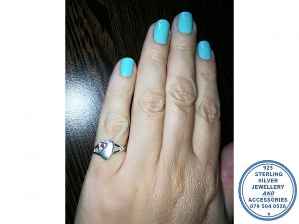 925 Sterling Silver Heart Signet Ring with 3 clear cubic and 1 Cherise Pink Kids