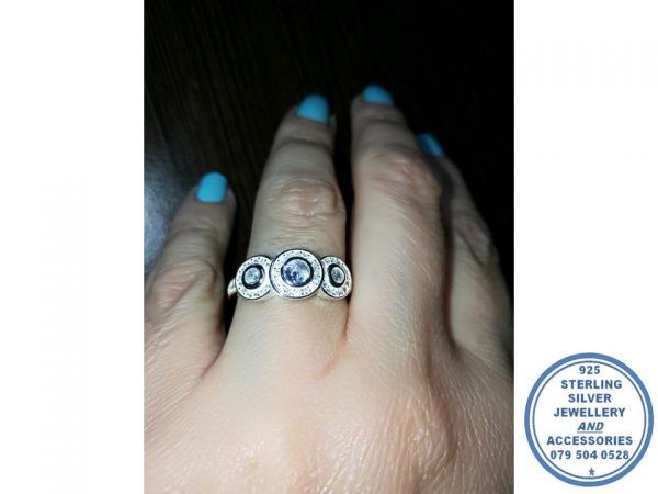 925 Sterling Silver Engagement Wedding Ring with 3 Round Halo Cubics