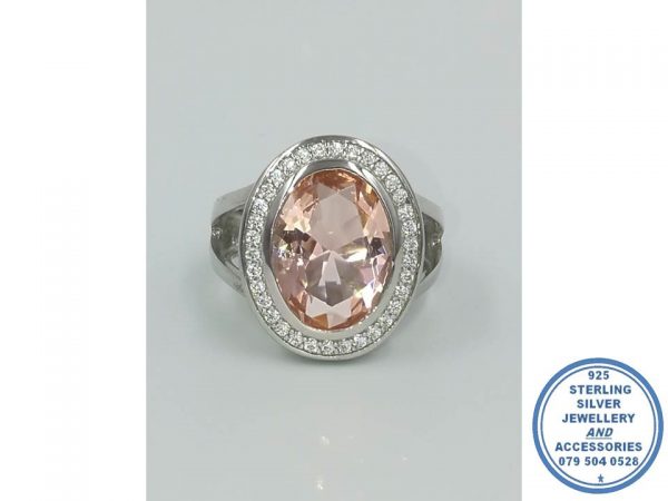 925 Sterling Silver Extra Large Oval Morganite Cubite Halo Ring Statement Ring